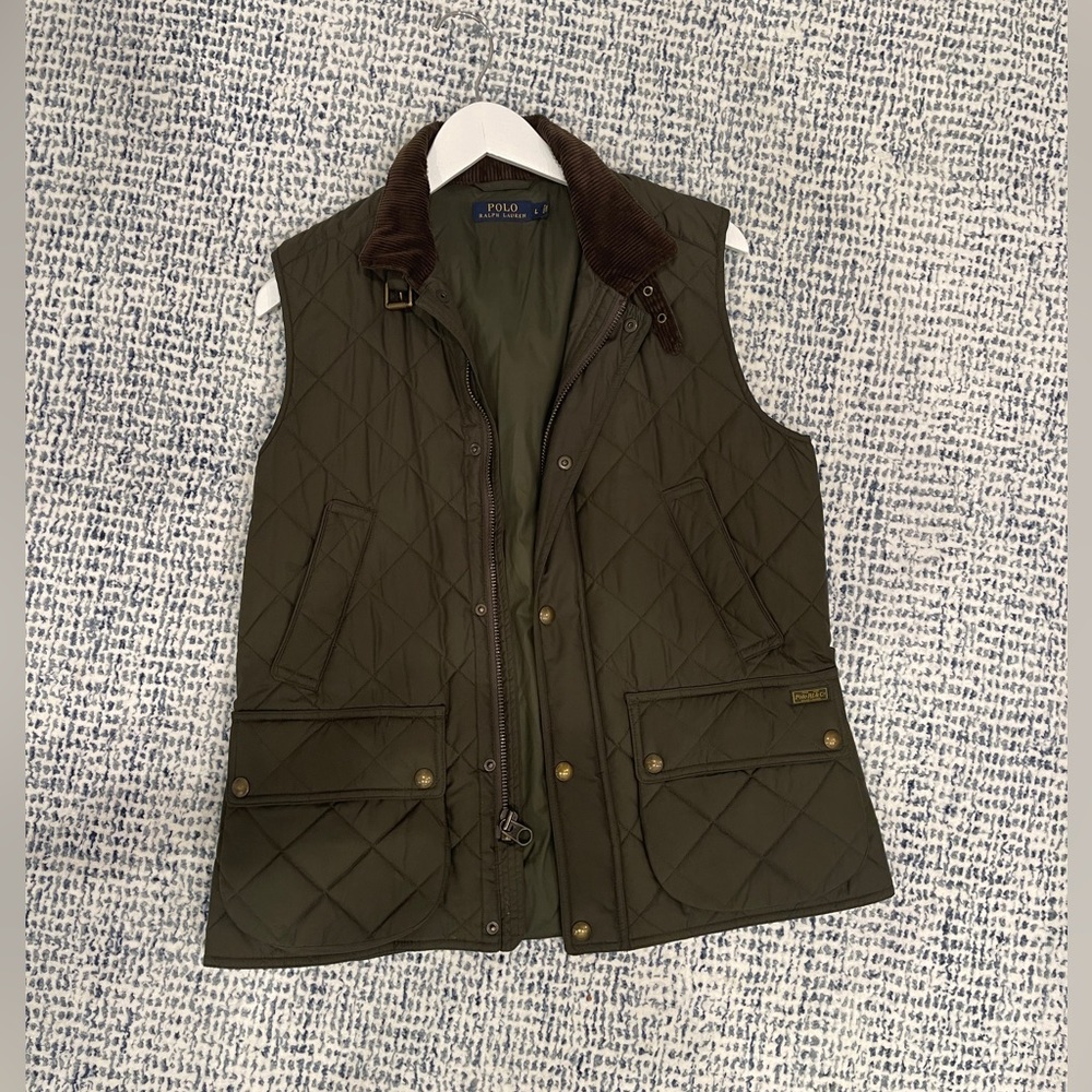 VINTAGE RALPH LAUREN QUILTED GREEN VEST WITH CORDUROY BROWN COLLAR